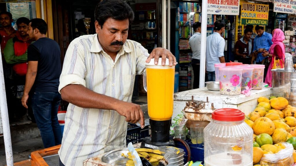Mango lassi in Kolkata served at a street stall
