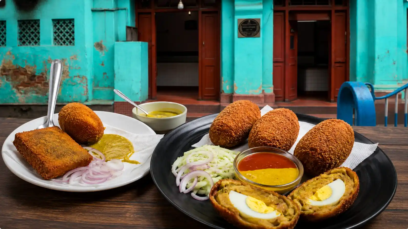 Dimer Devil, a Bengali egg dish made with duck egg and spiced mutton keema, served at a Kolkata cabin restaurant