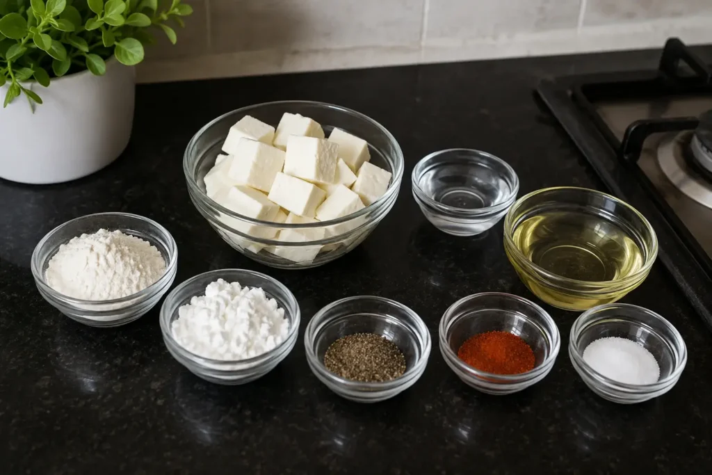Dragon Paneer ingredients for crispy paneer — cornflour, maida, red chilli powder and paneer cubes