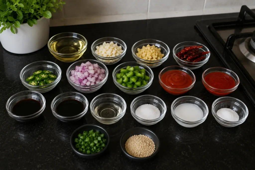 Dragon Paneer sauce ingredients — sriracha, dried red chillies, dark soy, garlic and ginger Kolkata style