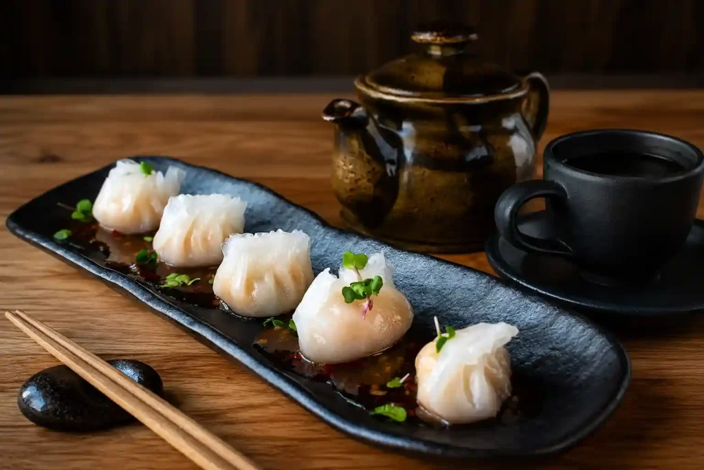 Har gow prawn dimsums served with tea on dark plate — authentic Cantonese dimsum Kolkata The Red Palate