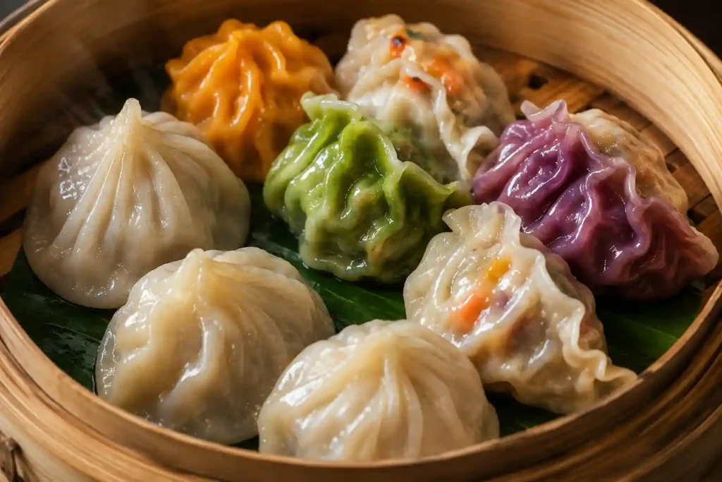 Mixed dimsums in bamboo steamer — har gow prawn dimsum and assorted dimsums Kolkata style: momos vs dimsum