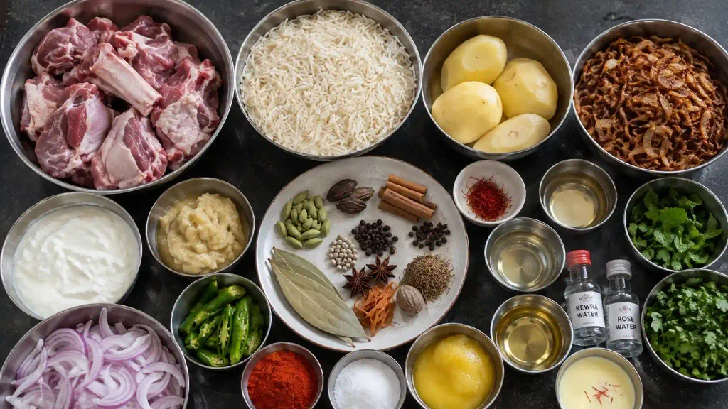 Ingredients for Kolkata mutton biryani laid out
