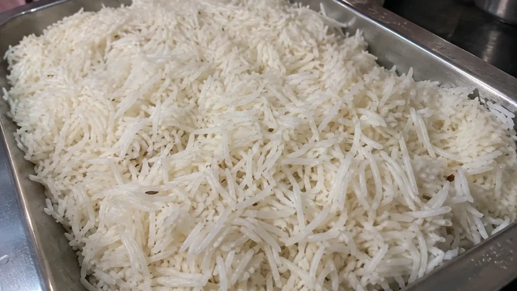Perfectly cooked basmati rice grains for Kolkata biryani