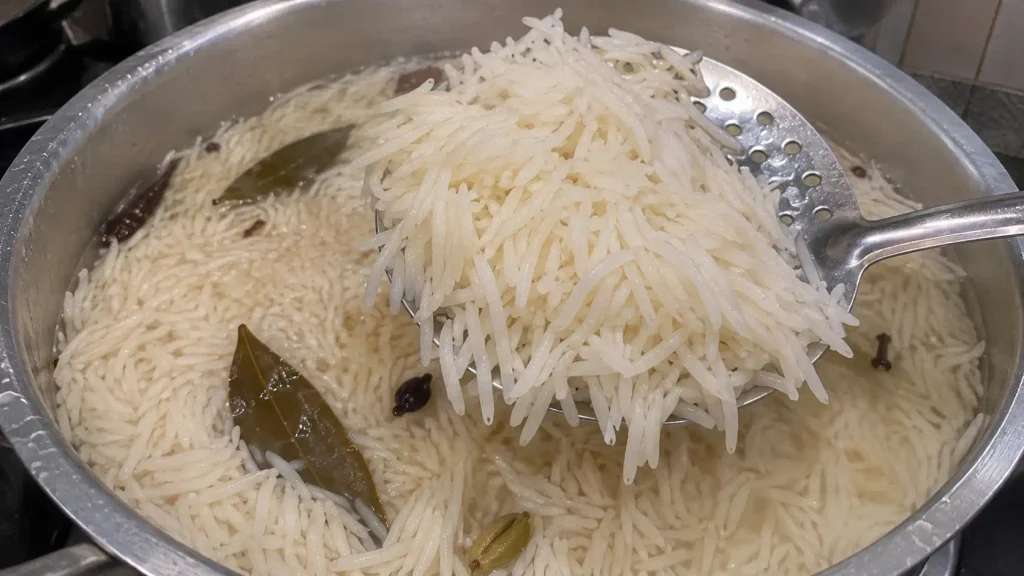 Basmati rice parboiled to 80% doneness for Kolkata biryani layering