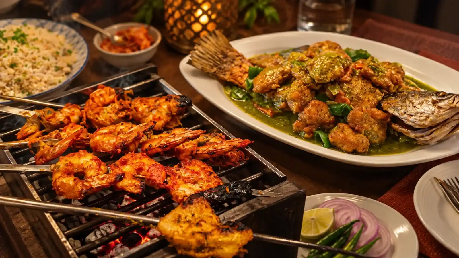 Seafood in Kolkata — grilled prawns and fish on live charcoal at a seafood restaurant in Kolkata